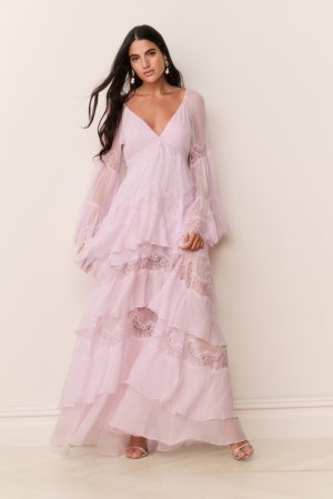 Devina Silk Chiffon Lace Maxi Dress